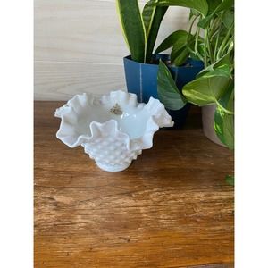 Fenton Ruffled Hobnail Milk Glass Bowl w/Original Sticker